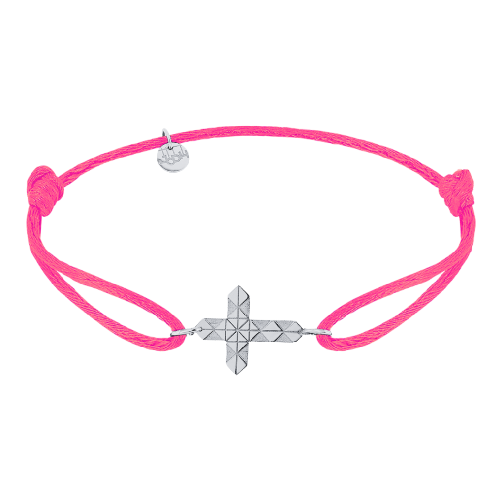 Bracelet cordon Croix facettes Or blanc 18 carats Fushia