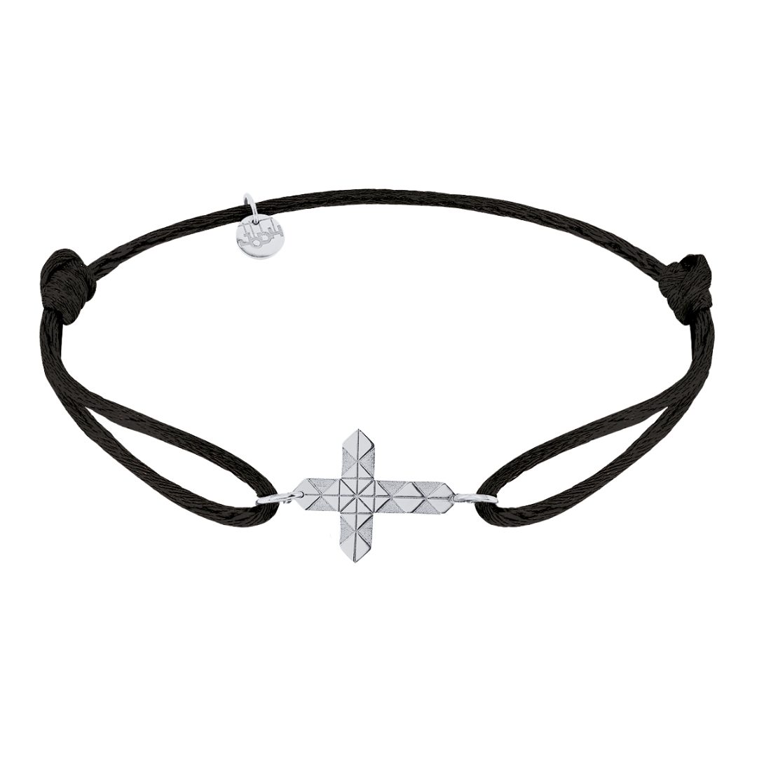 Bracelet cordon croix facettes Or blanc 18 carats noir