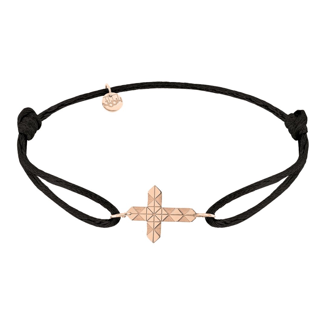 Bracelet cordon croix facettes Or rose 18 carats noir